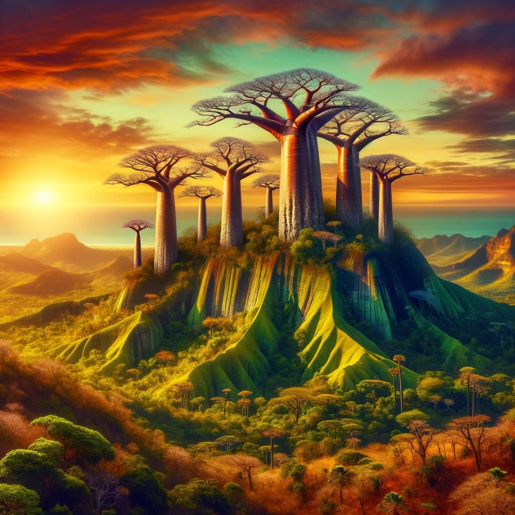 Baobab Trees on Verdant Mountain at Sunset