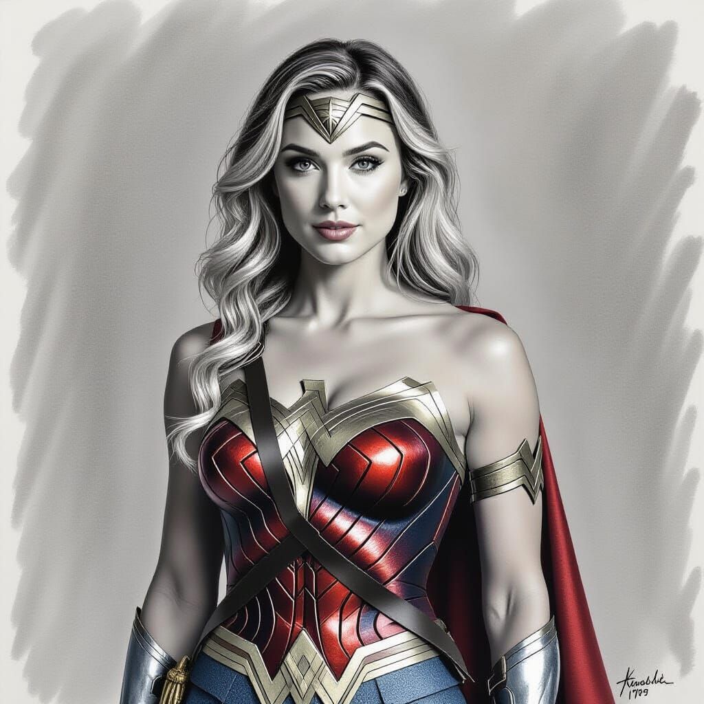 Kaley Cuoco as Wonder Woman in Charcoal Drawing