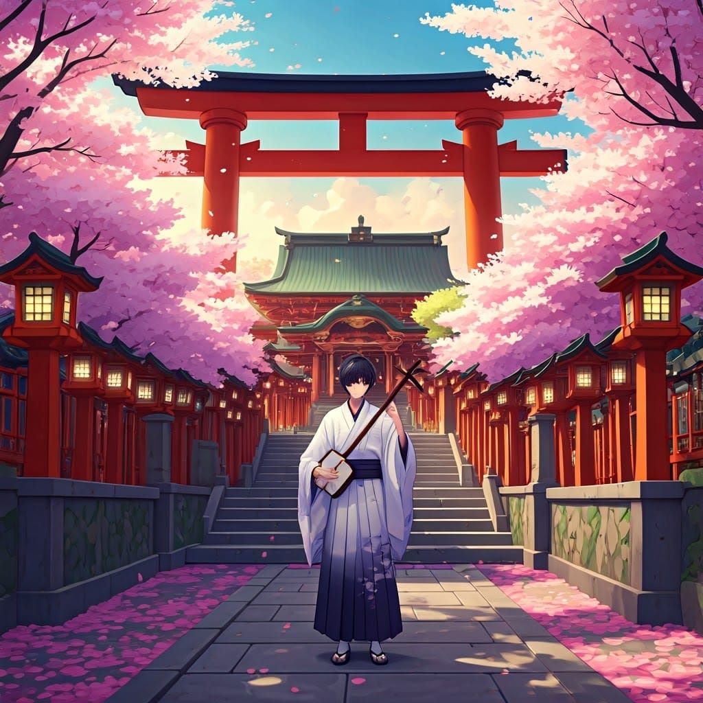 Koto Musician in Cherry Blossom Garden