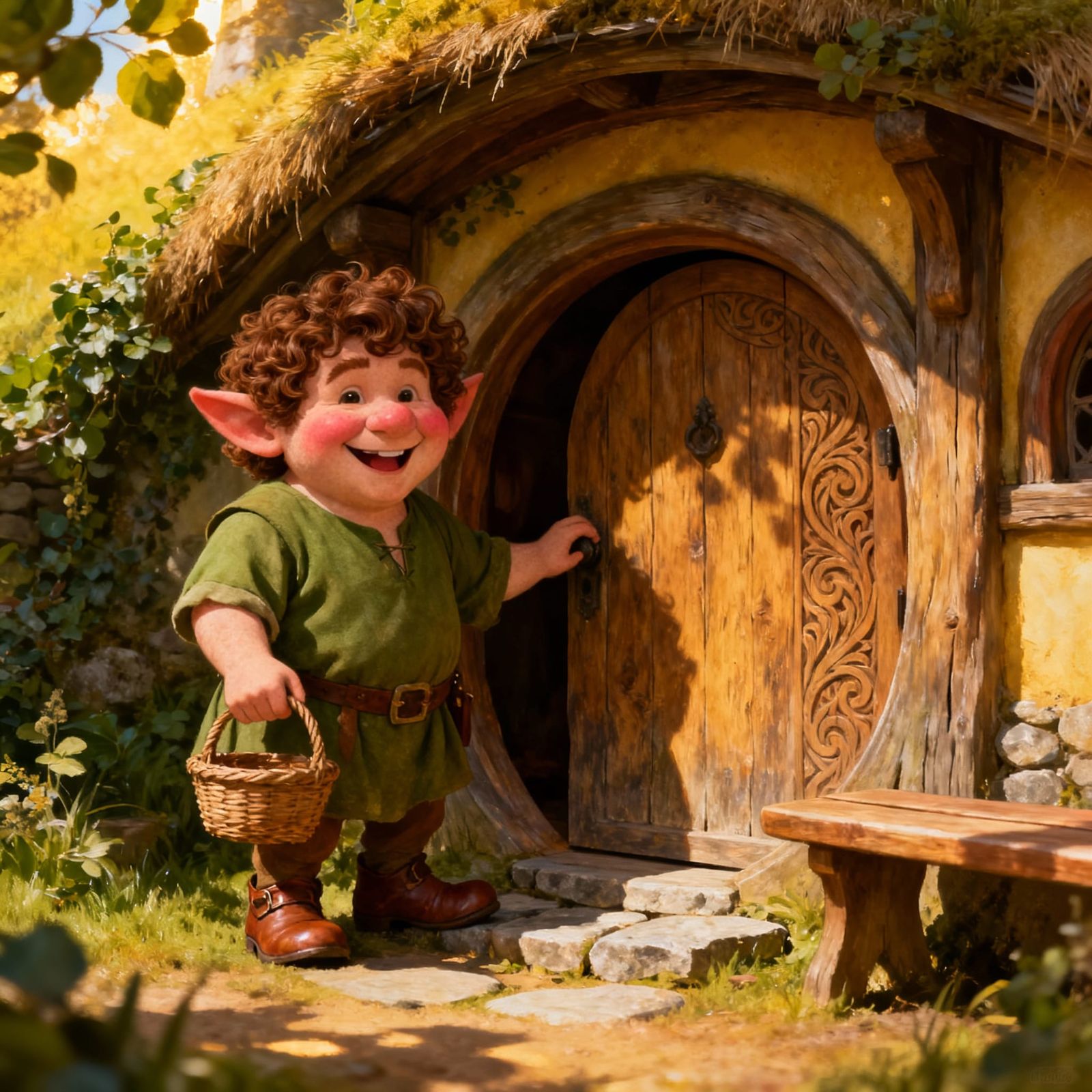 Cheerful Hobbit At Home Door Realistic Painting