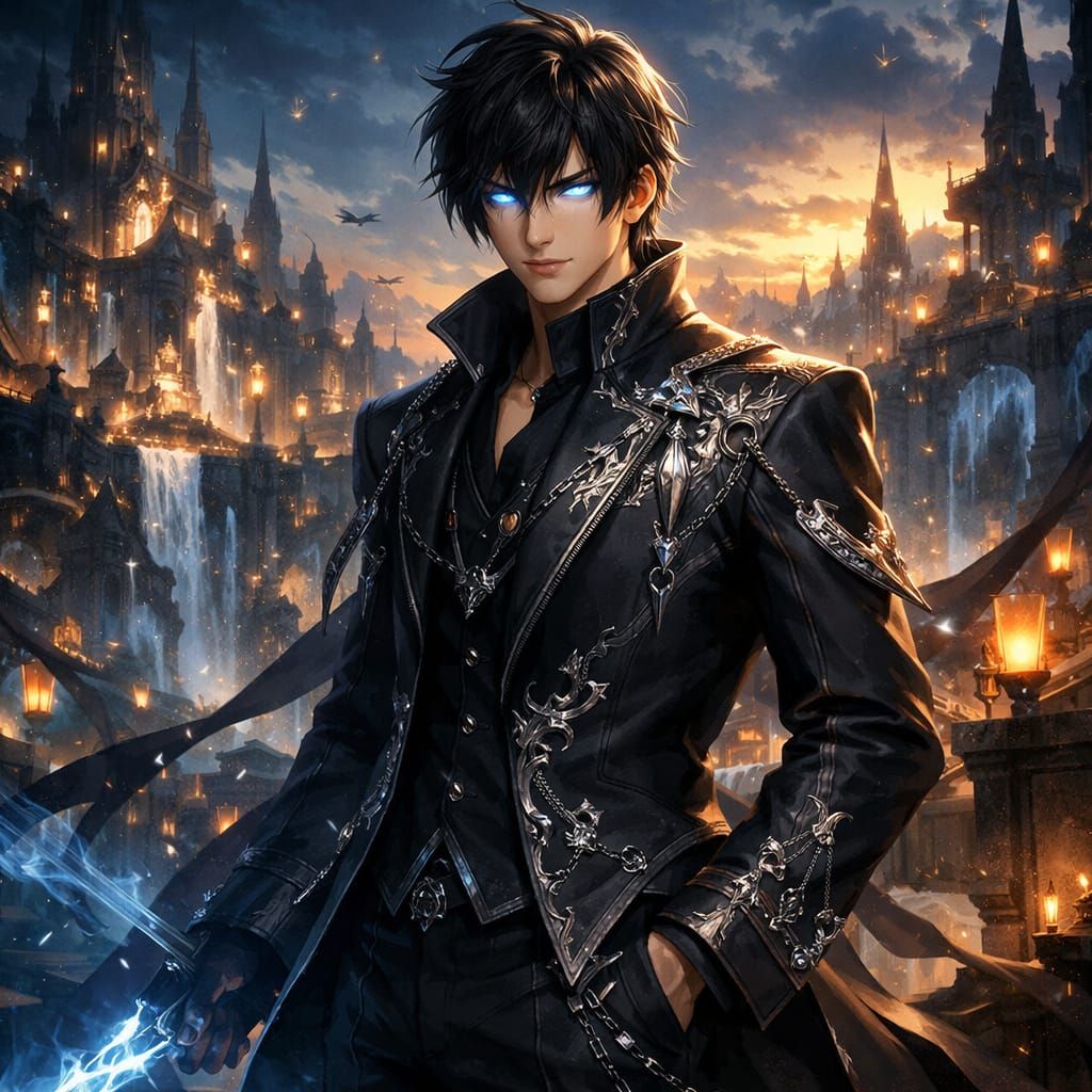 Cool Man in Stylized Black Suit with Silver Embroidery, Squa...