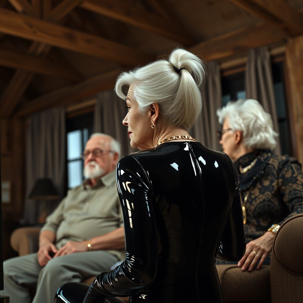 Elderly Woman in PVC Bodysuit Watching TV