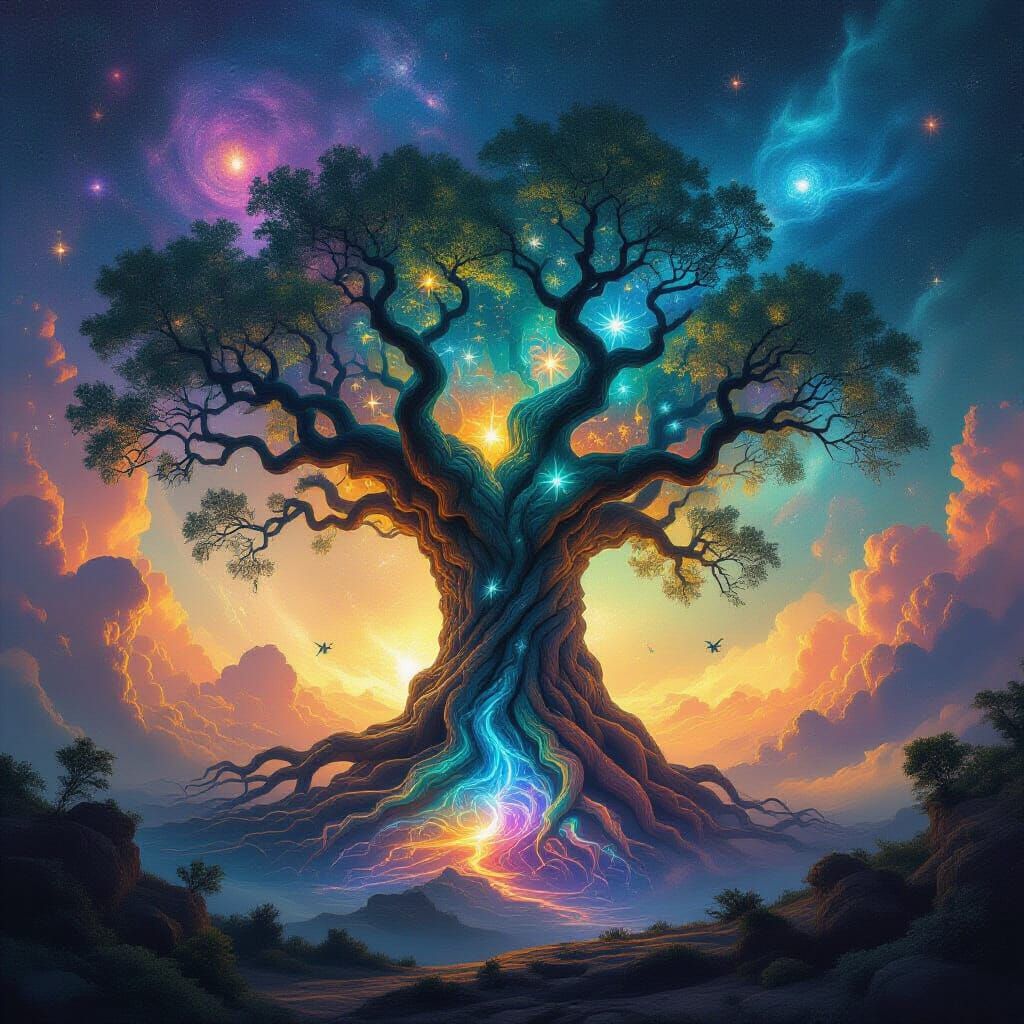 Cosmic Tree Reaching Galaxies, Surreal Cosmic Horror Style