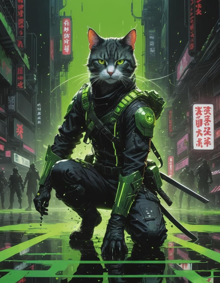 Cyberpunk Ninja Cat Warrior in Sci-Fi Style