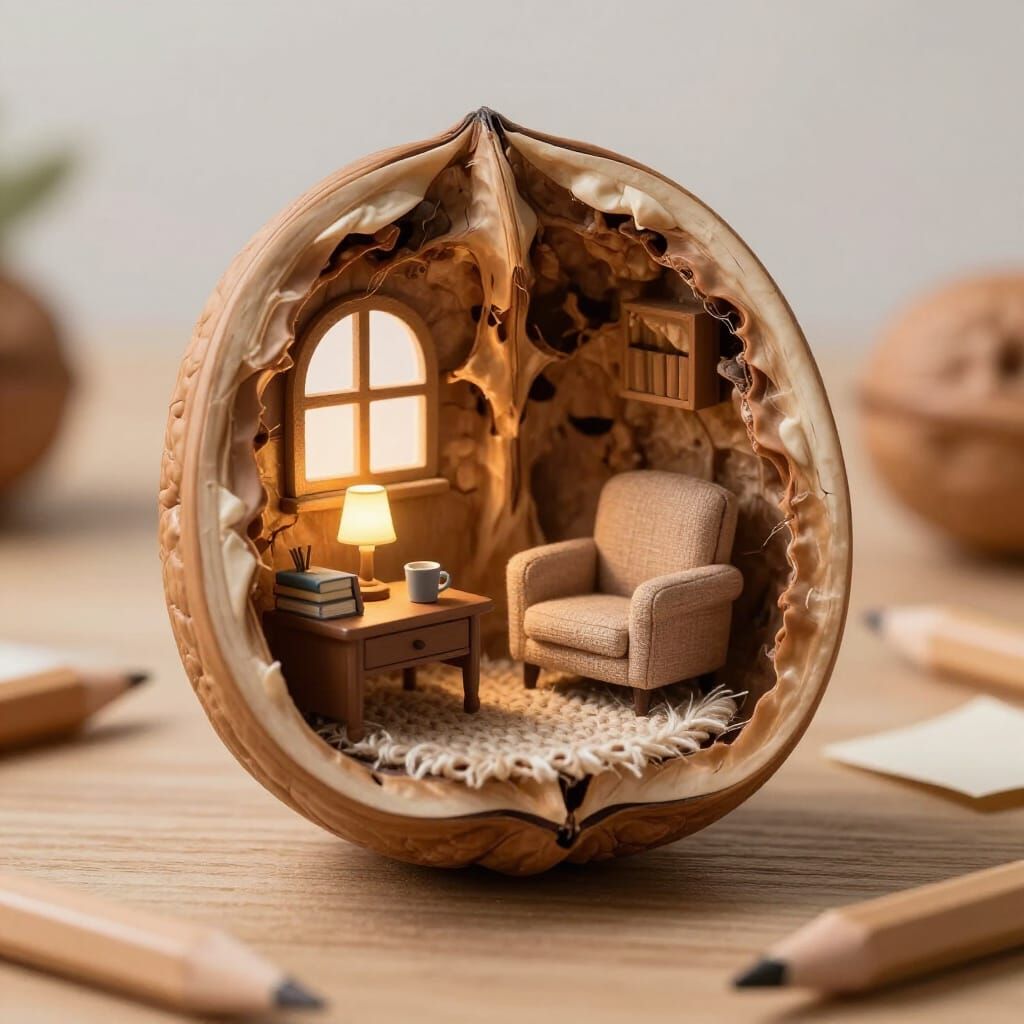 Cozy Walnut Shell Reading Nook Diorama