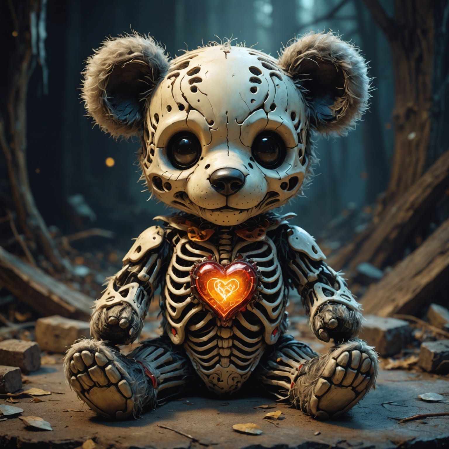 Skeleton Teddy Bear Portrait with Glowing Heart