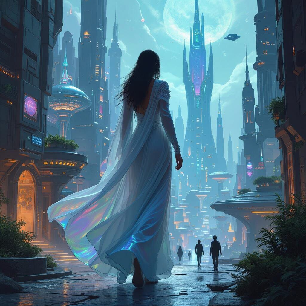 Giantess in Mystical Alien City, Surreal Sci-Fi Art