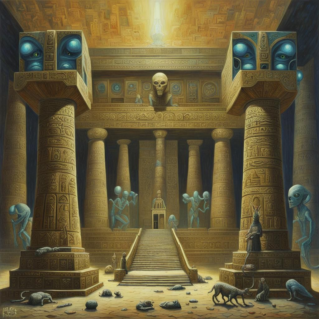 Furious Alien Egyptian Temple in Pointillism