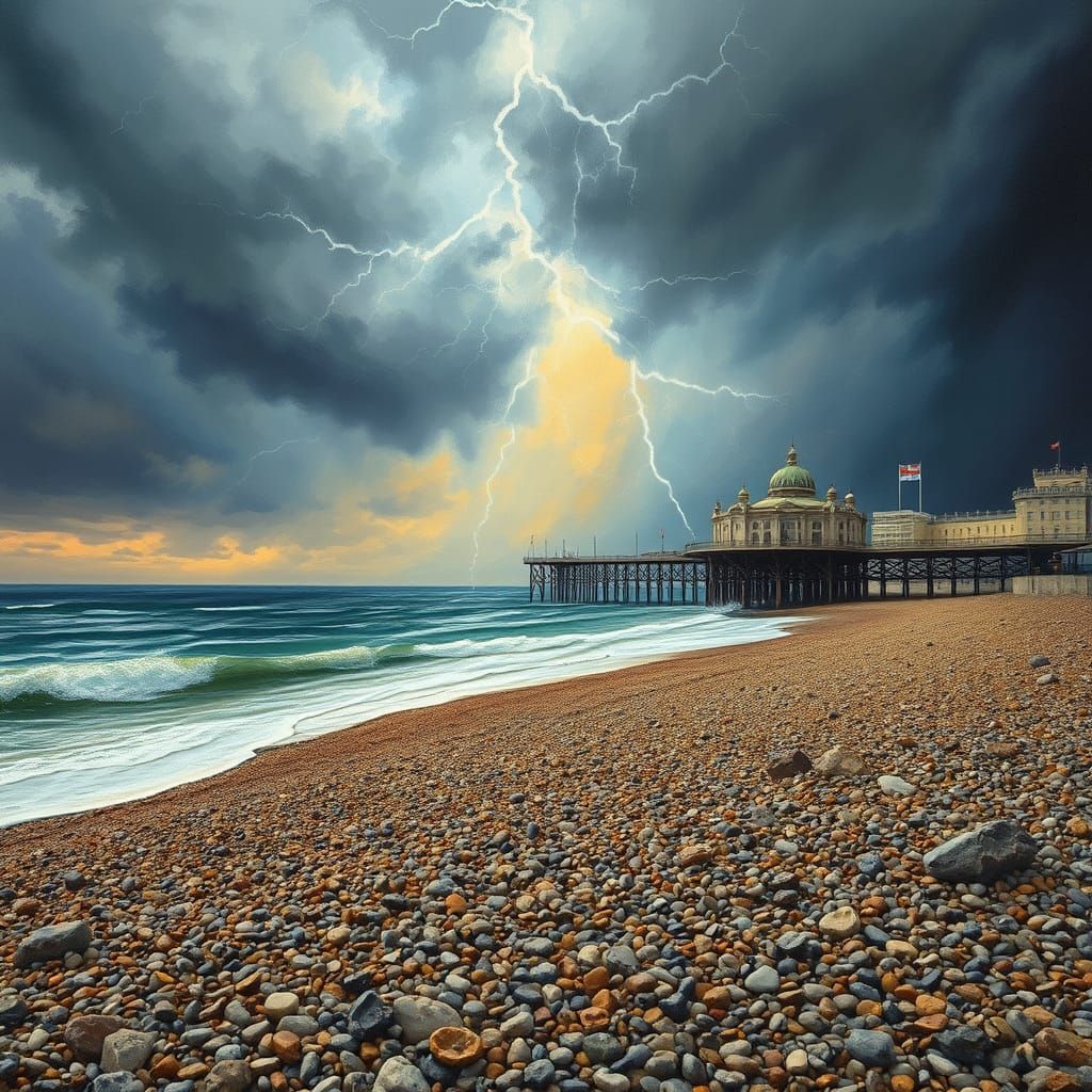 Brighton Beach Pier Under Electric Storm, Oil Painting