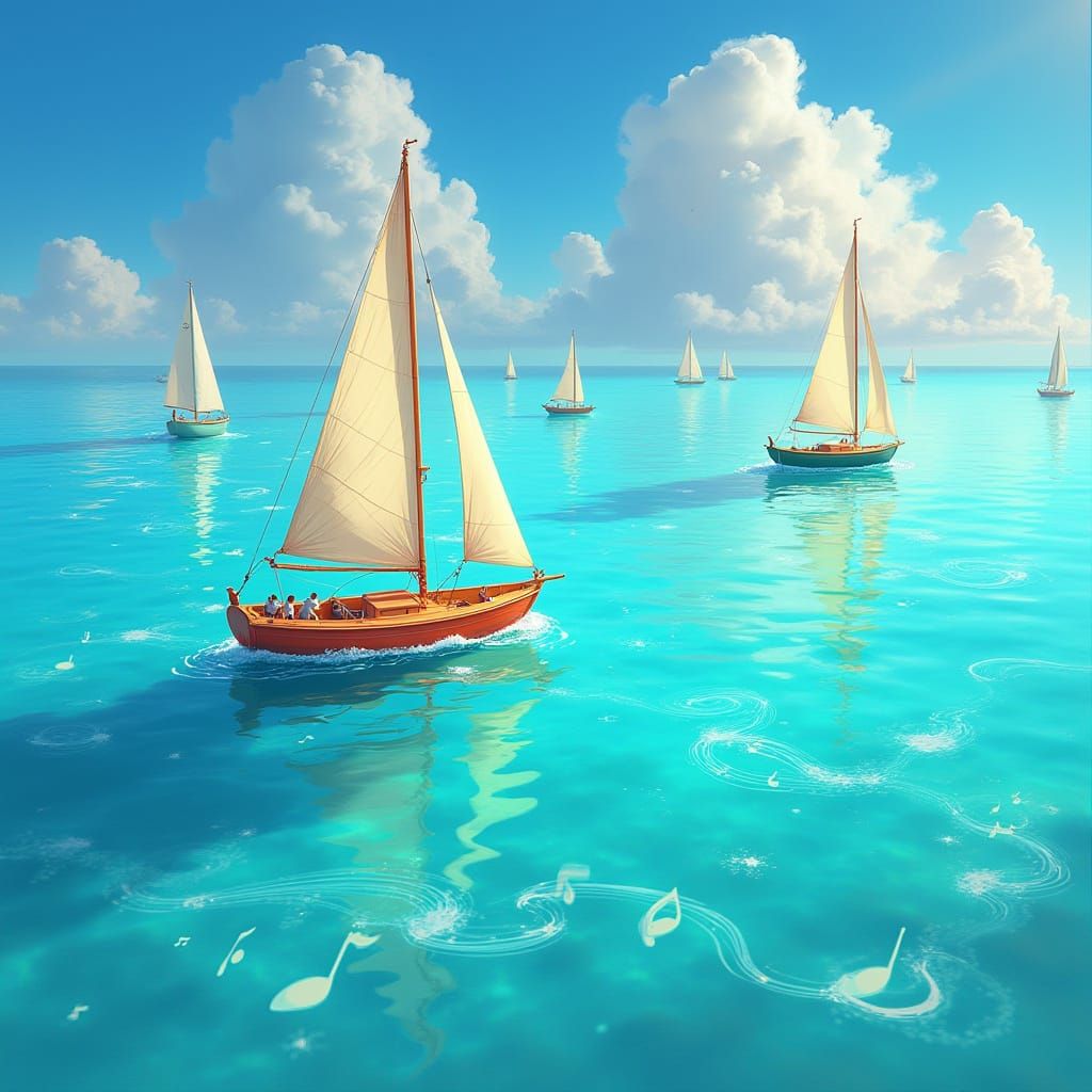 Colorful Sailboat Drifting in Turquoise Sea: Digital Paintin...