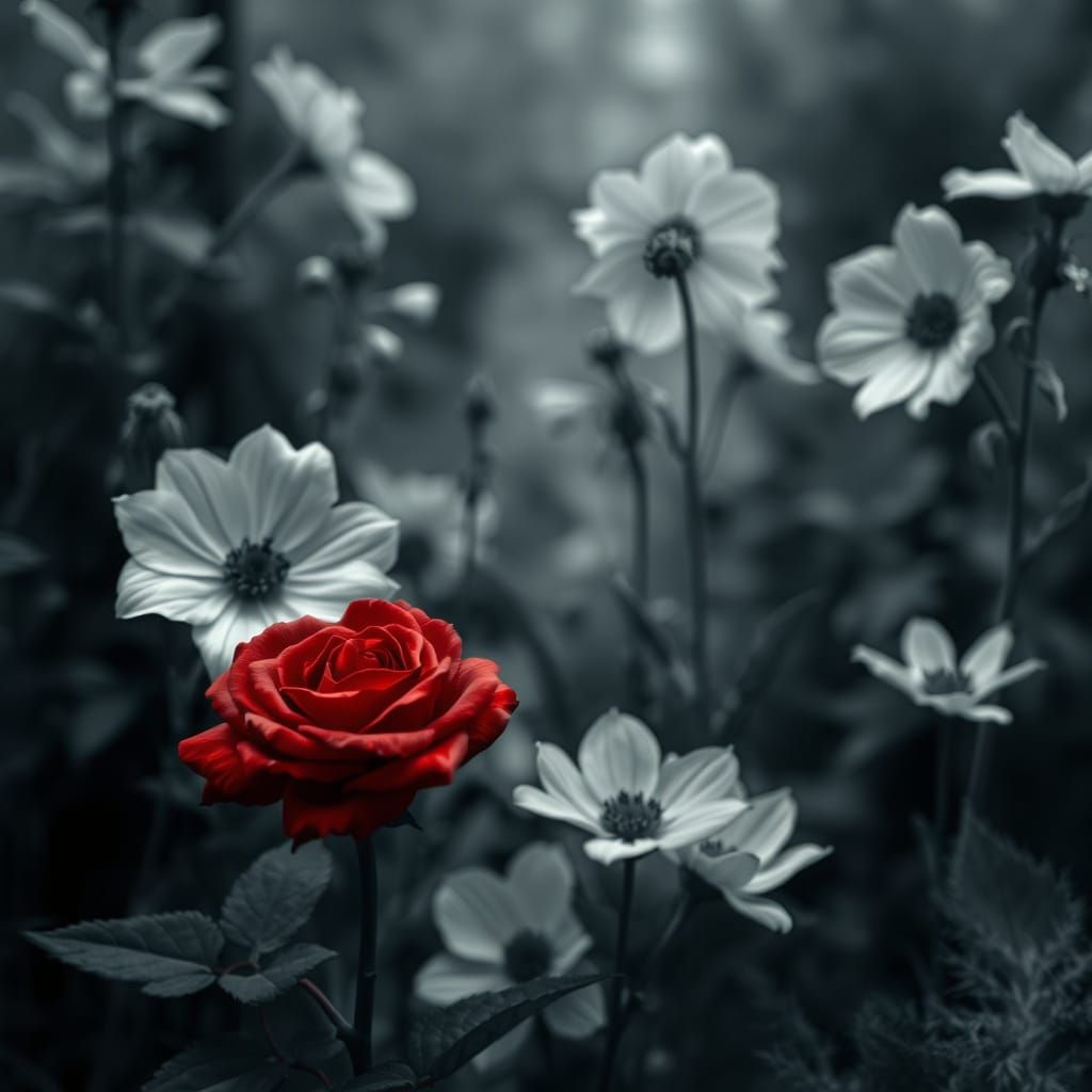 Single Red Rose in Ethereal Impressionistic Garden