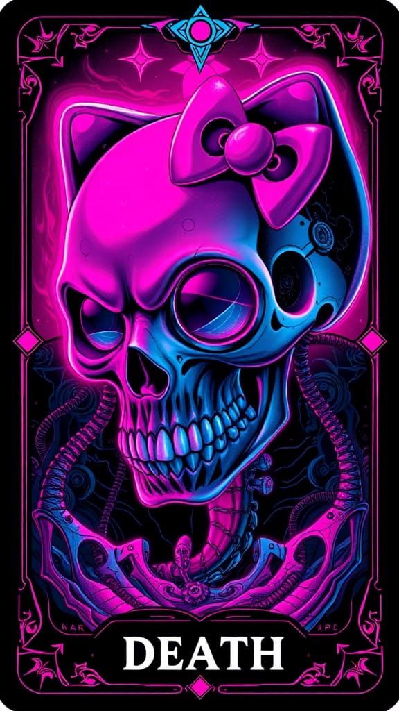 Cybertrance Death Tarot Card with Hello Kitty Elements