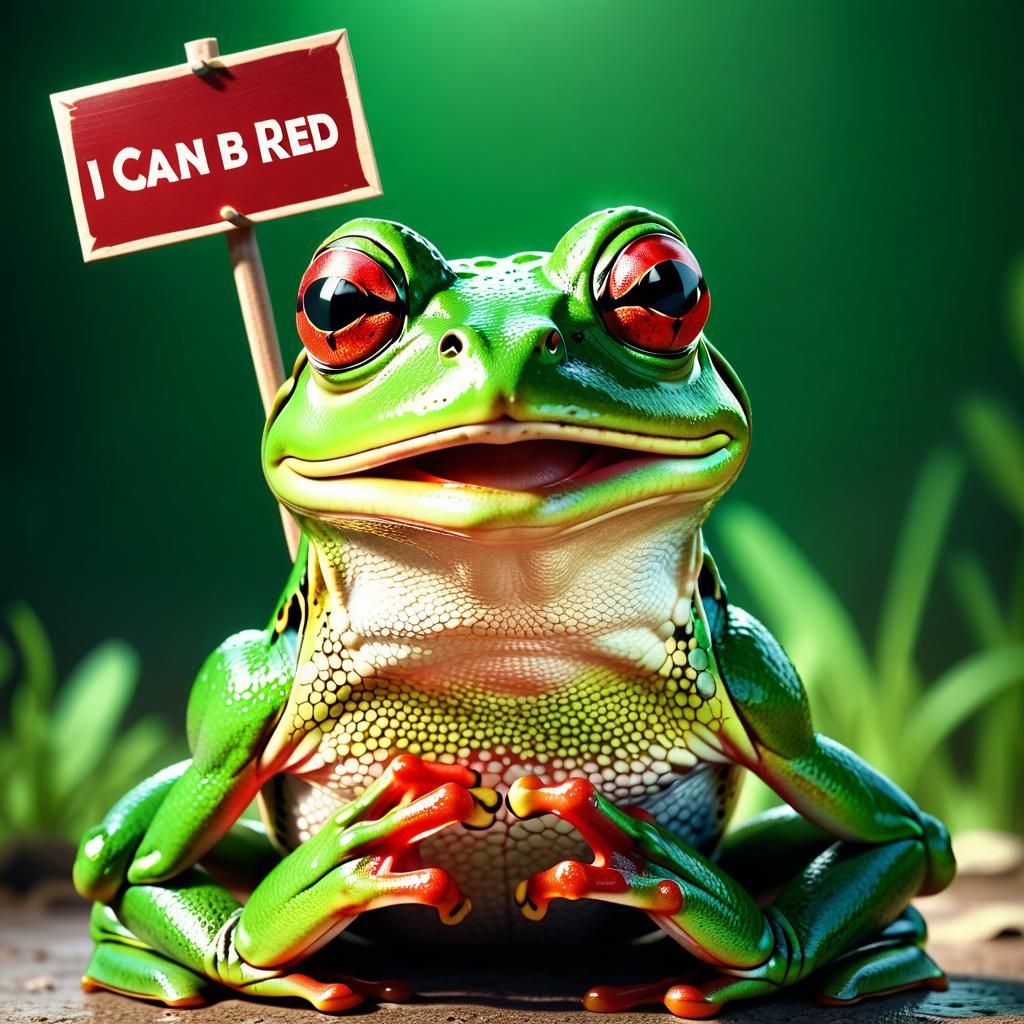 Green frog holding a sign with the words ["I can be red"]
