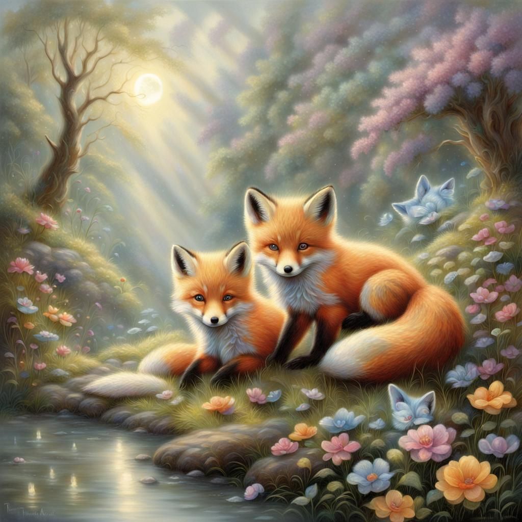 Cute Baby Fox Litter in Ethereal Fantasy Style