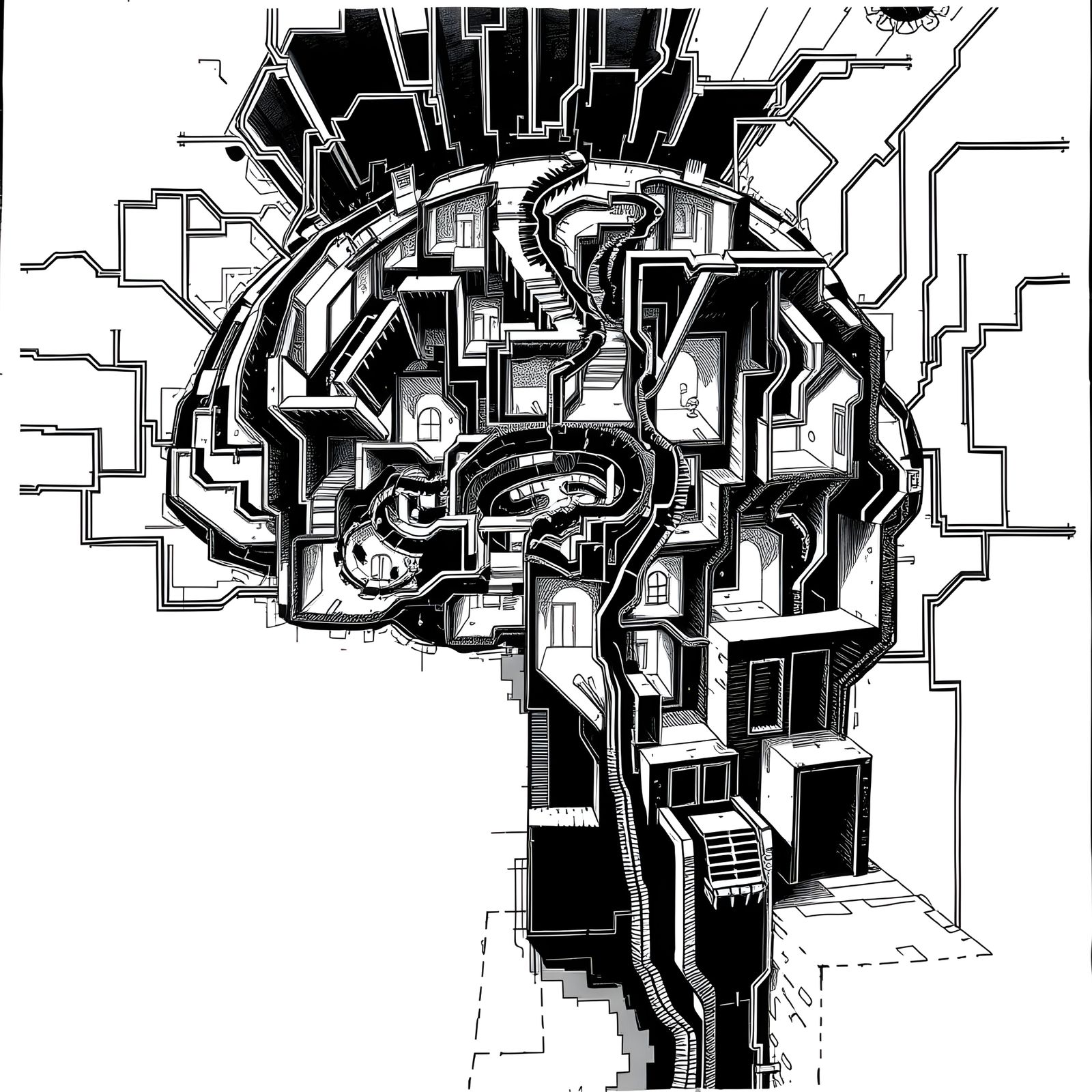 Monochrome Ink Map of the Mind's Corridors