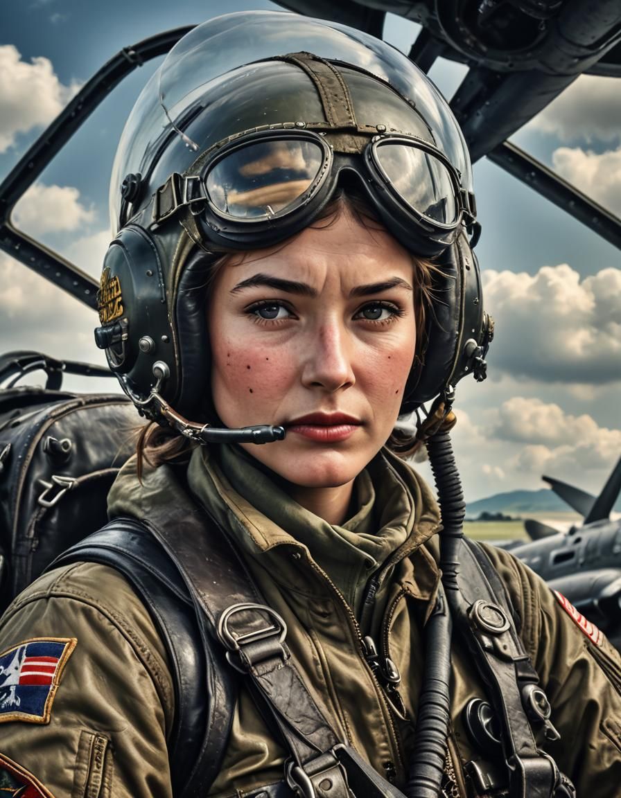 Hyperrealistic Female B-17 Bomber Pilot in WWII Flight Gear