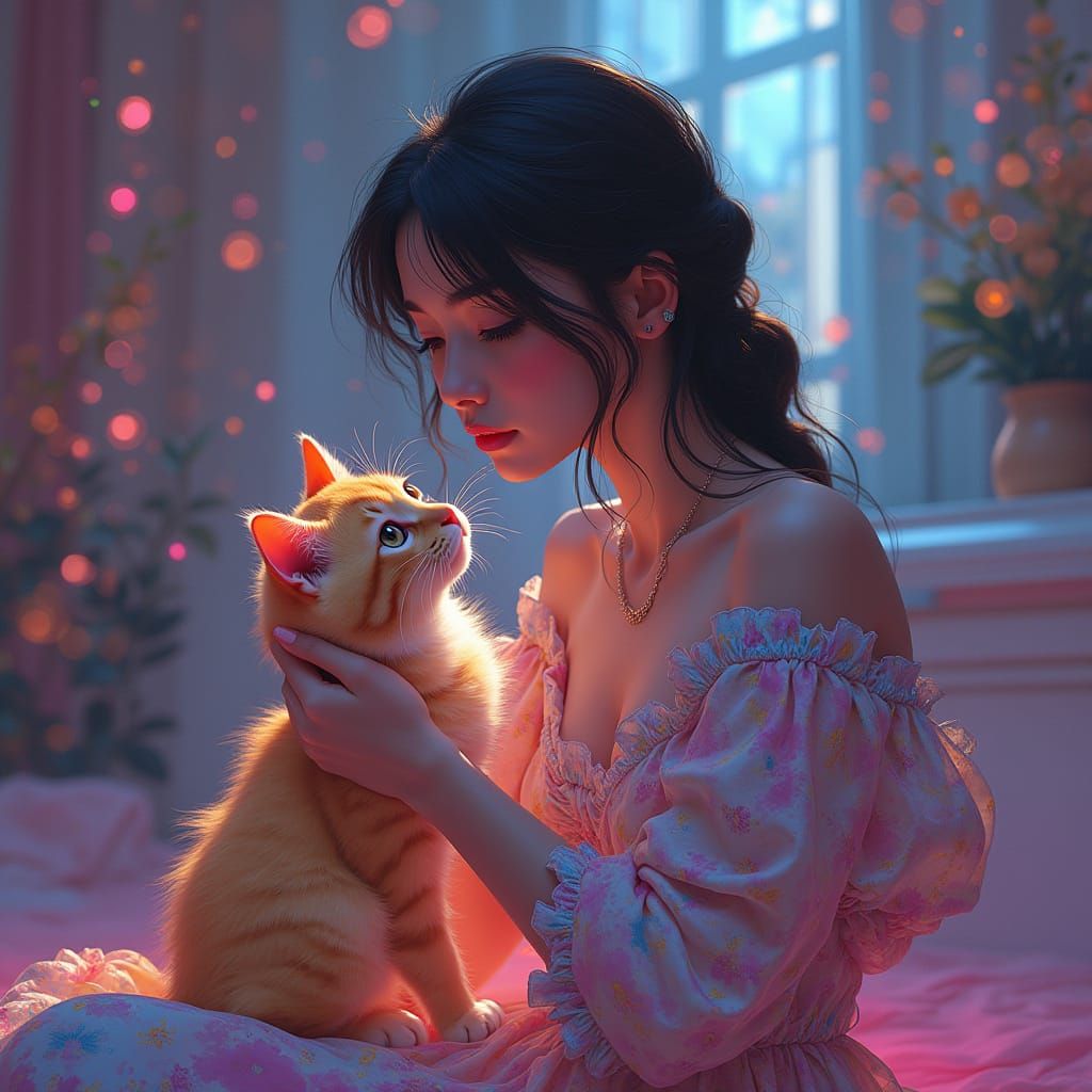 Surreal Neon Scene of Happy Woman with Adorable Cat