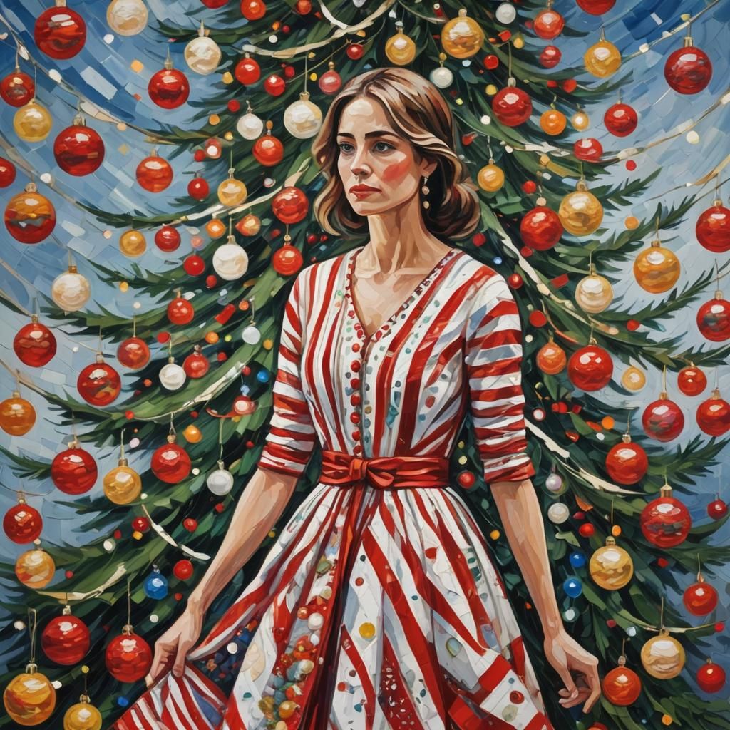Woman by Christmas Tree in Expressionist Impasto Style
