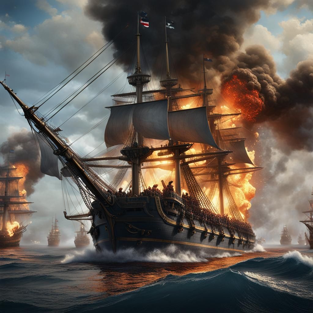 Burning French Ship Bucentaure at Trafalgar Battle