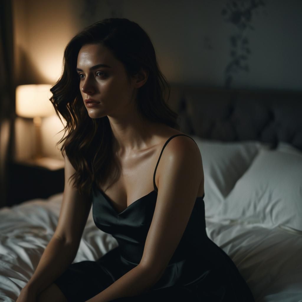 Melancholic Brunette in Satin Dress Film Still