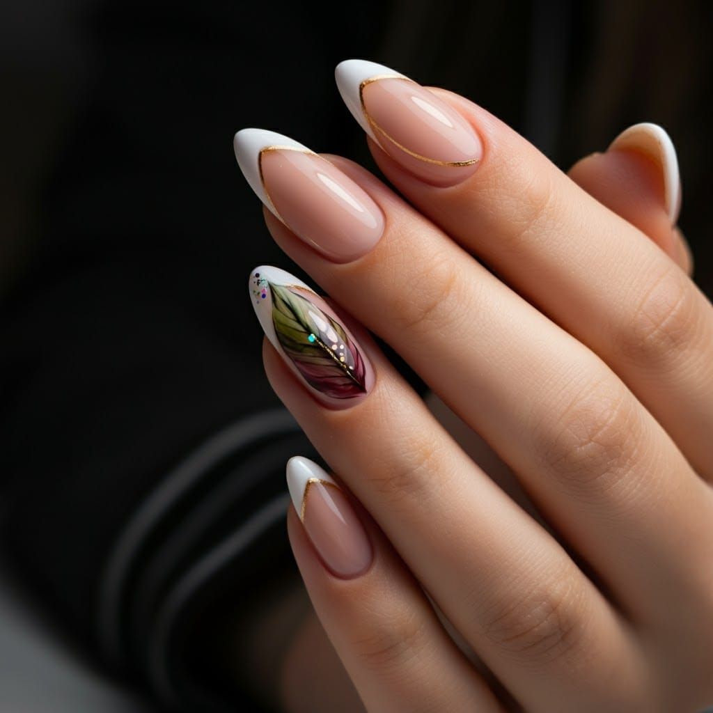 Elegant Art Deco Nail Design with Leaf Accent