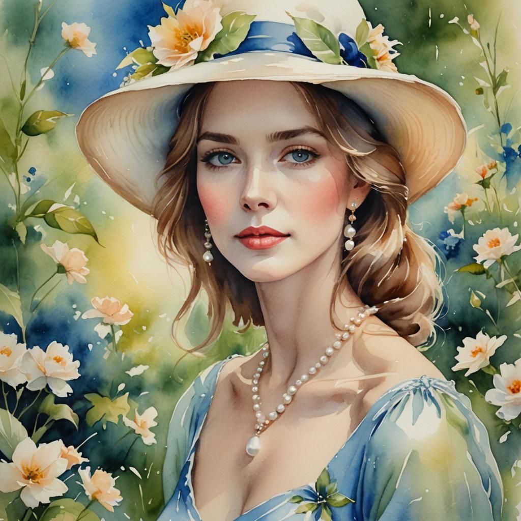 Elegant Lady in Garden: Watercolor Portrait