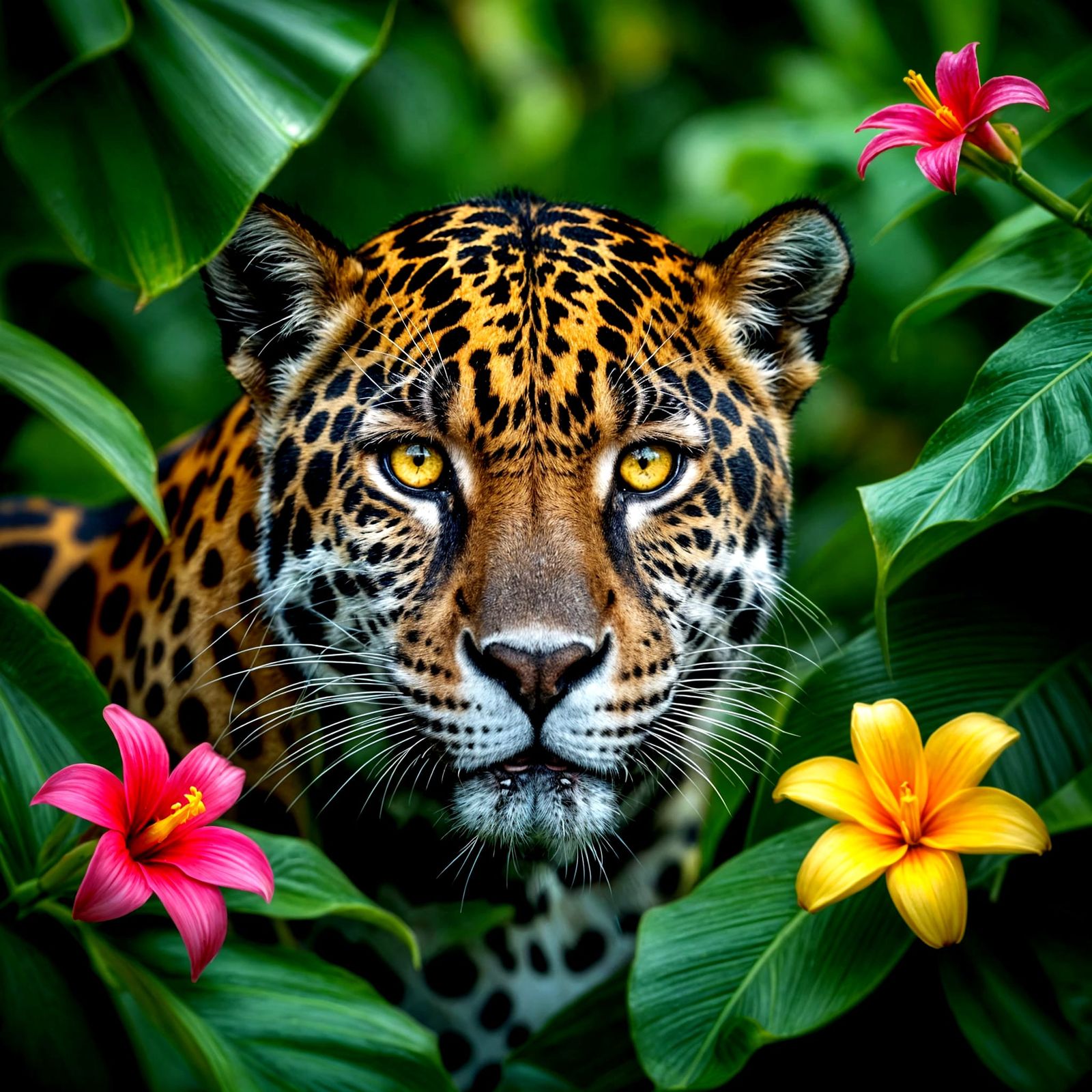 Rainforest Jaguar with Glowing Eyes Among Tropical Flowers