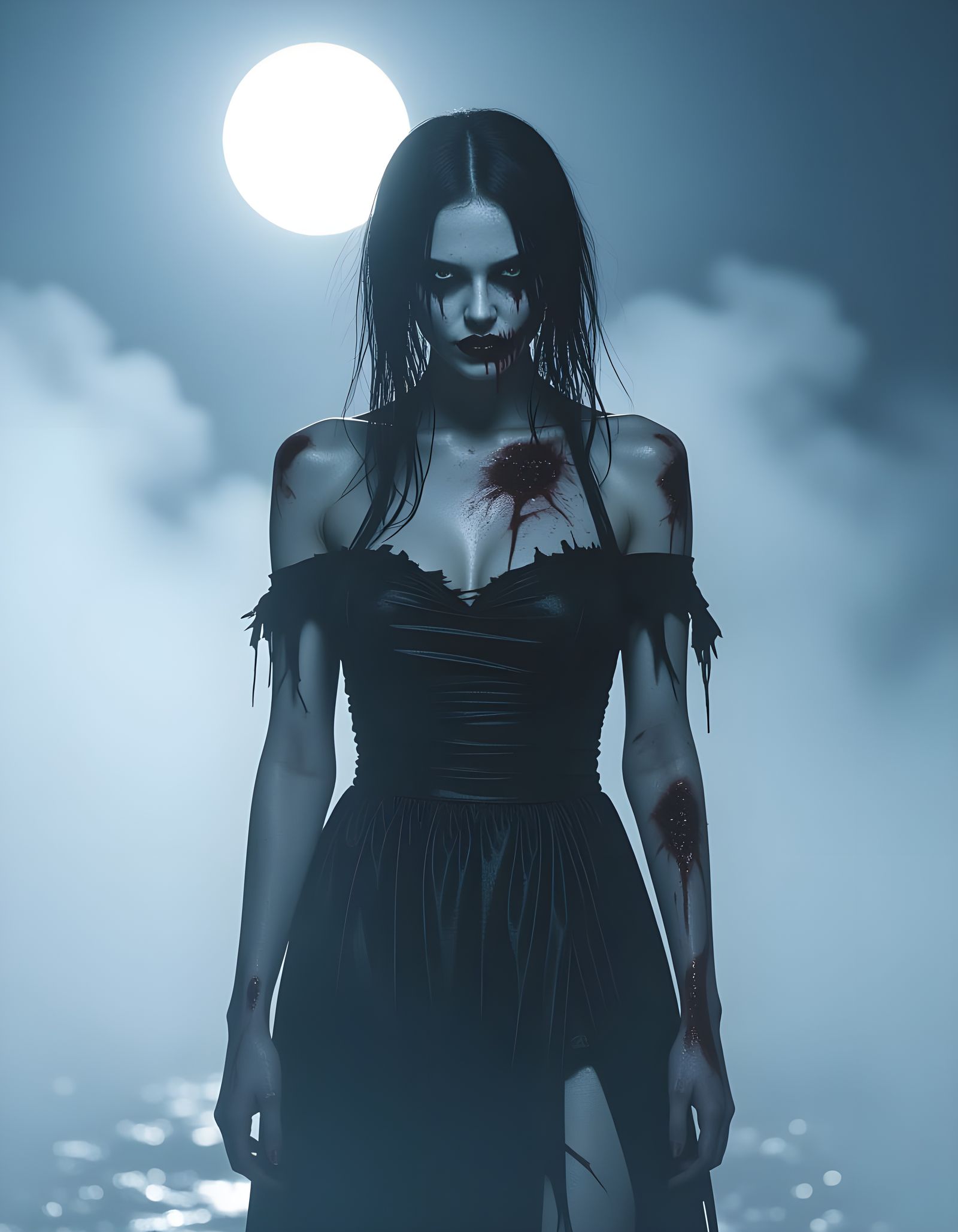 Scary Zombie Woman in Foggy Night: Hyperrealistic Portrait