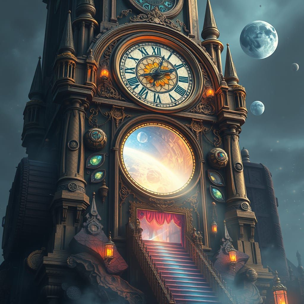 Clock Tower Portal with Glowing Crystals, Photorealistic Sty...