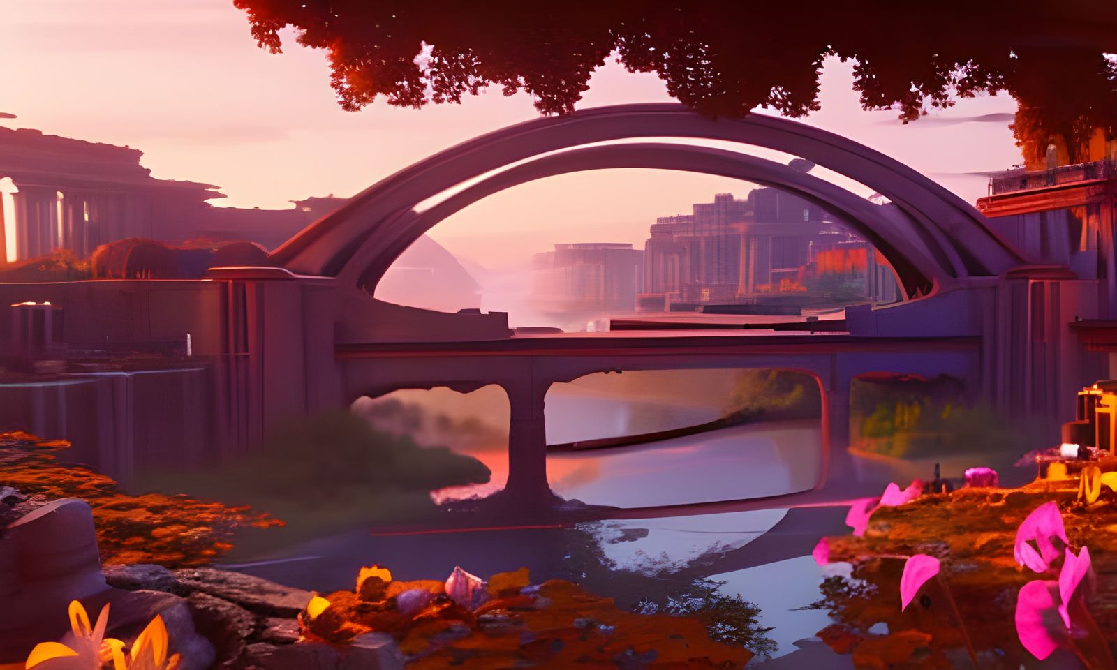 Retrofuturistic Rome Bridge at Sunrise in Cyberpunk Style