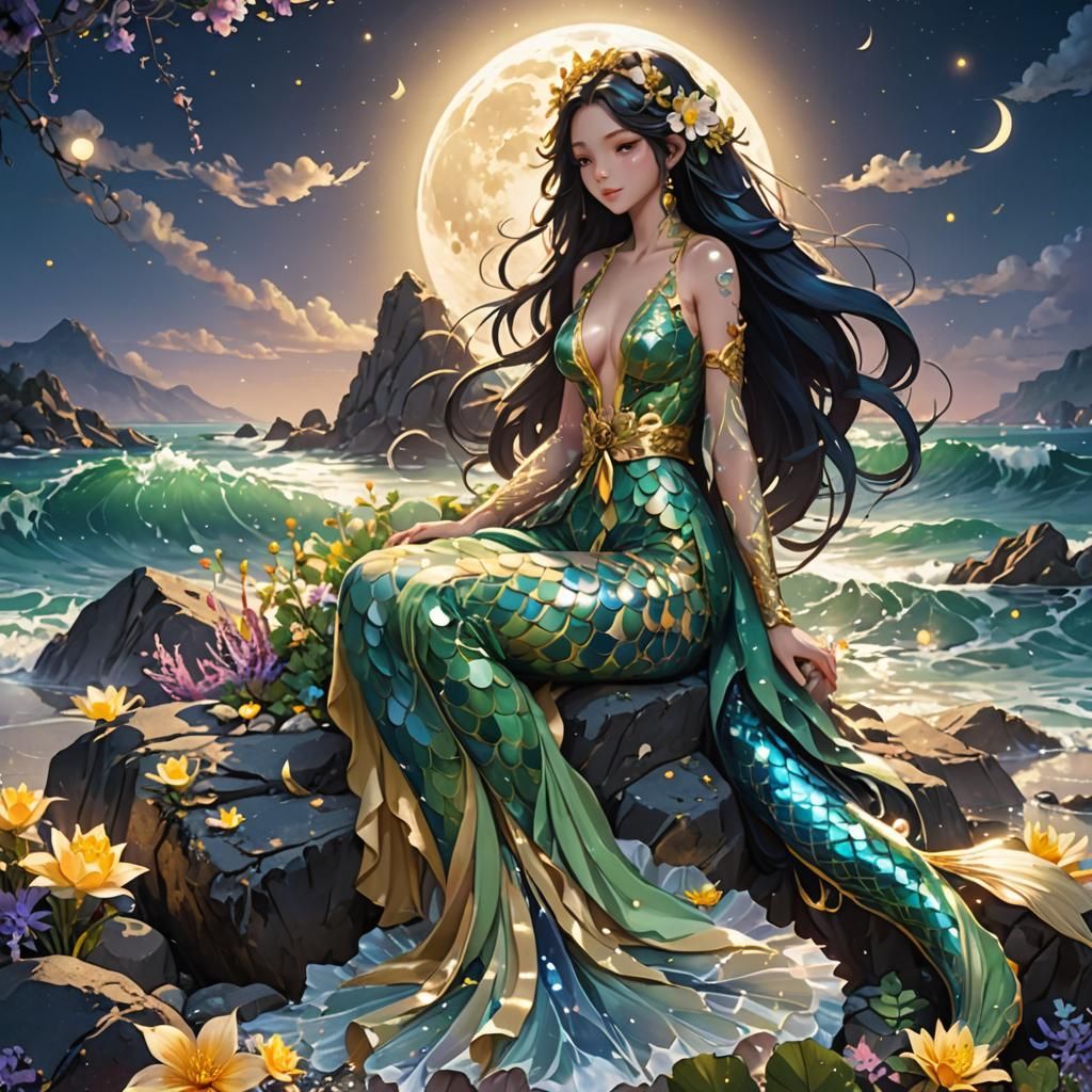 Anime Mermaid in Floral Gown, 3D Splash Art