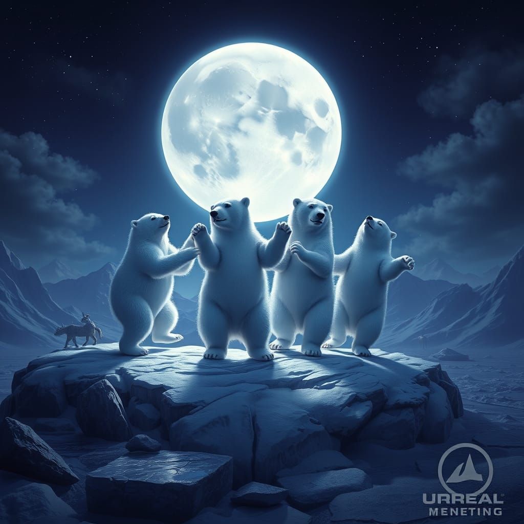 Four Polar Bears Dancing in a Lunar Wonderland