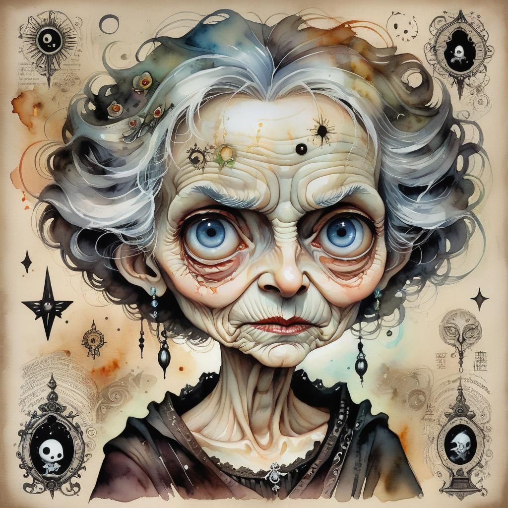 Sinister Elderly Woman in Chibi Watercolor Style