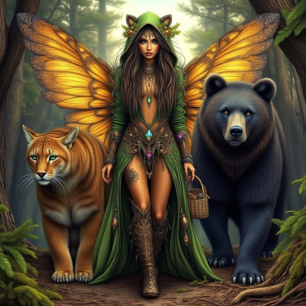 Bohemian Woman with Fairy Wings and Animal Guardians