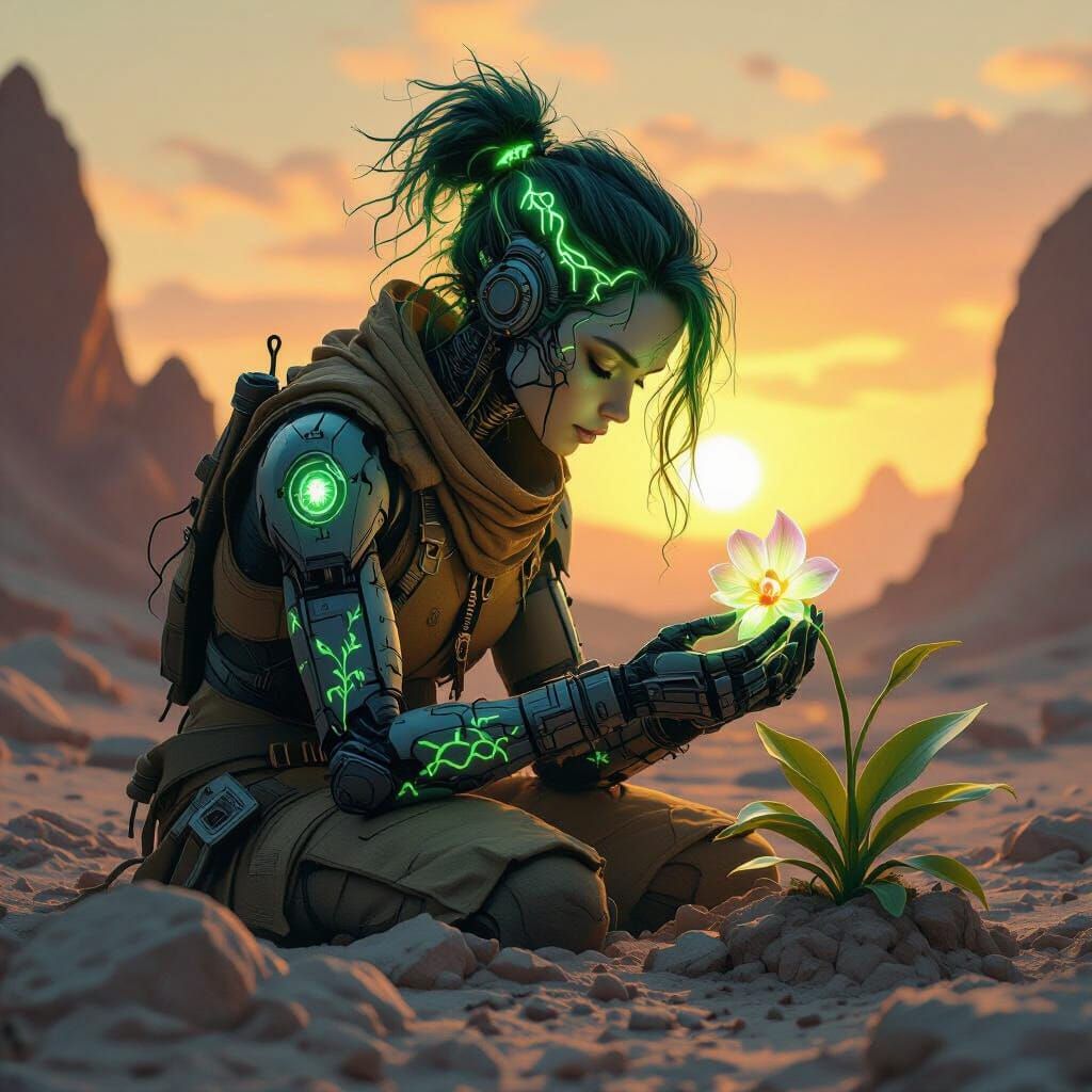 Android Botanist Examines Luminescent Orchid in Digital Art