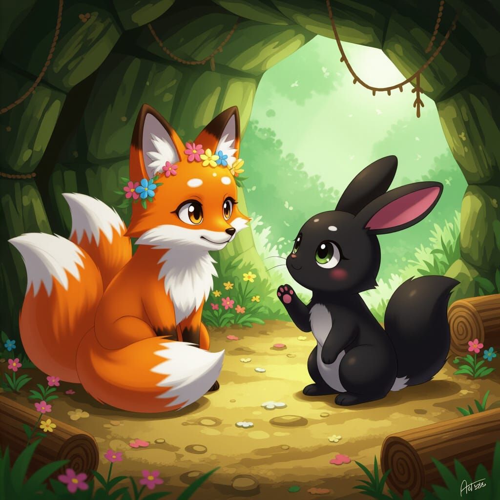 Cute Anime Fox Meets Curious Black Bunny