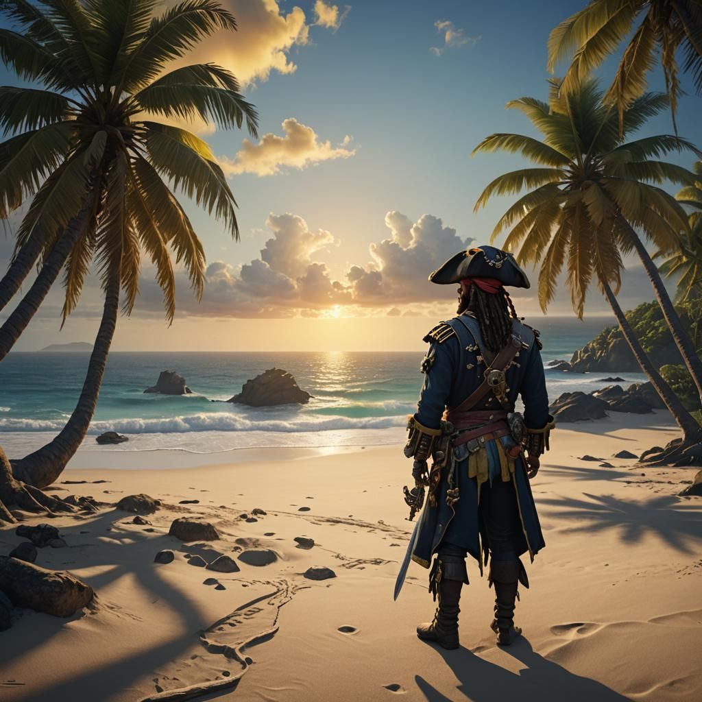 Pirate on Tropical Beach at Golden Hour