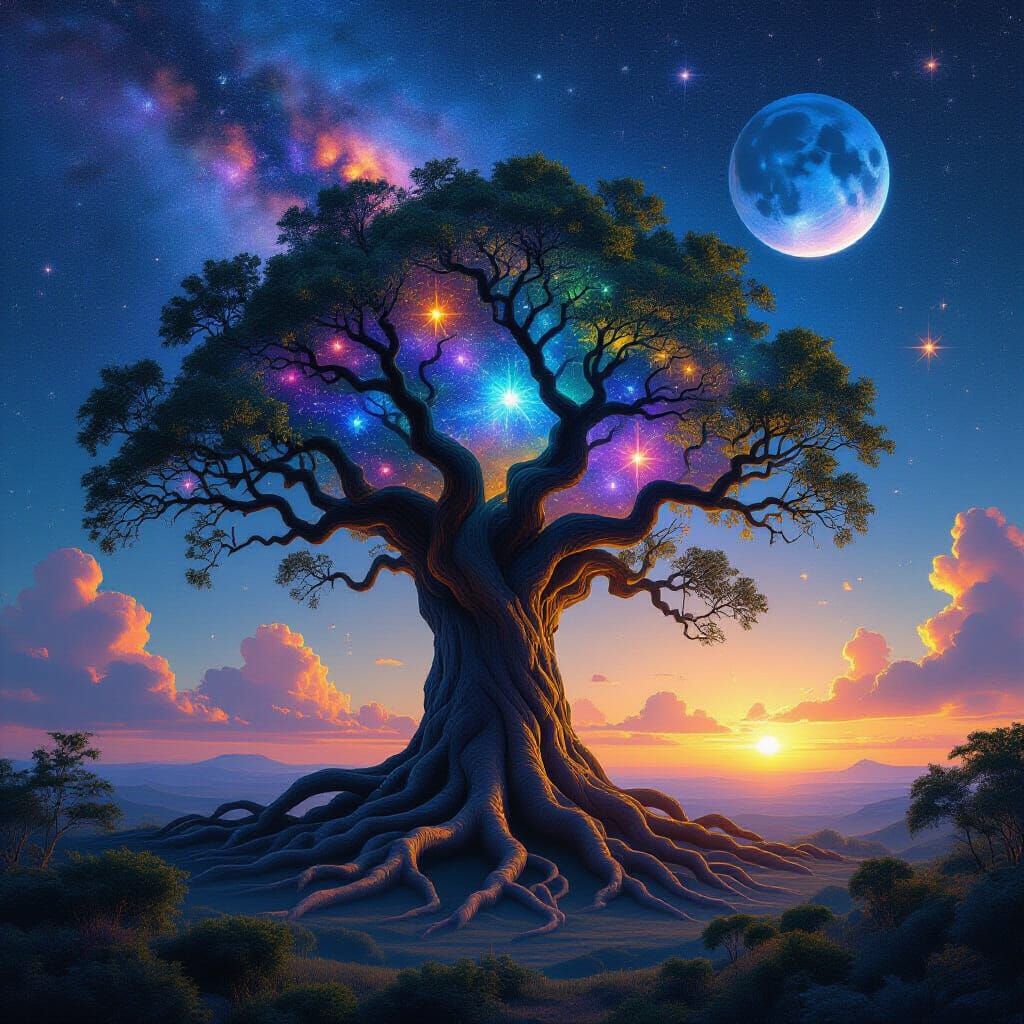 Ancient Tree Roots Reach Galaxy in Surreal Landscape