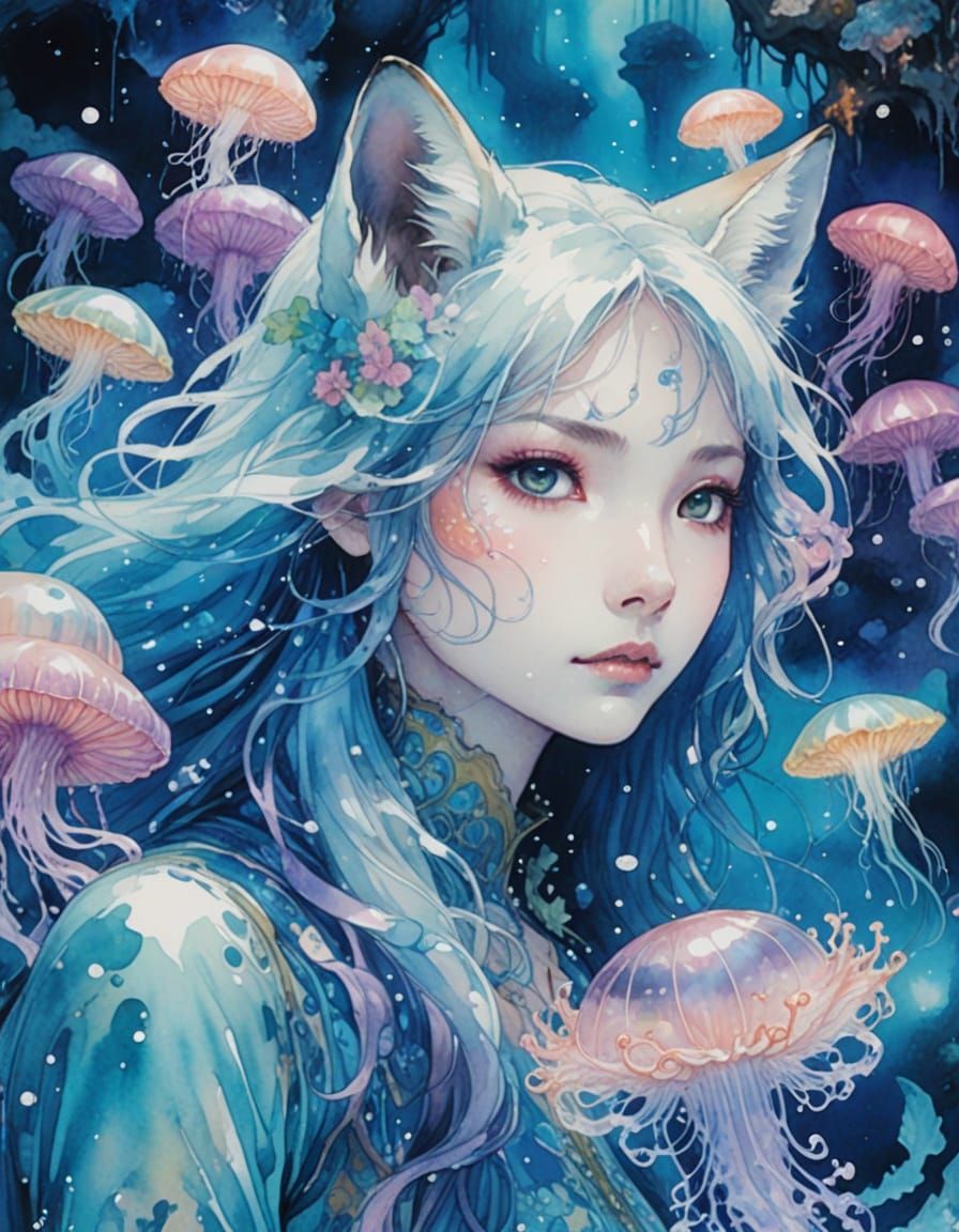 Fox-Jellyfish Hybrid Emerges in Ethereal Anime Painting