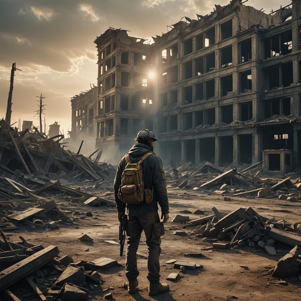 Post-Apocalyptic Survivor in Cinematic Film Still