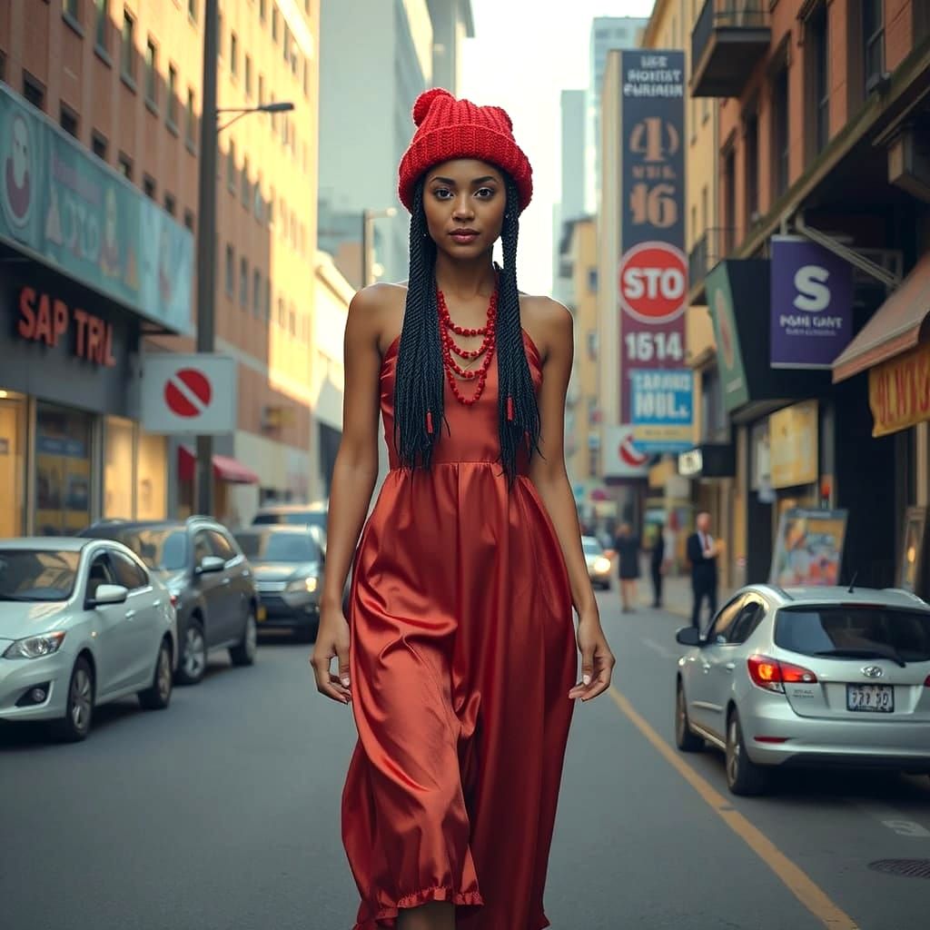 Silk dress and bobble hat