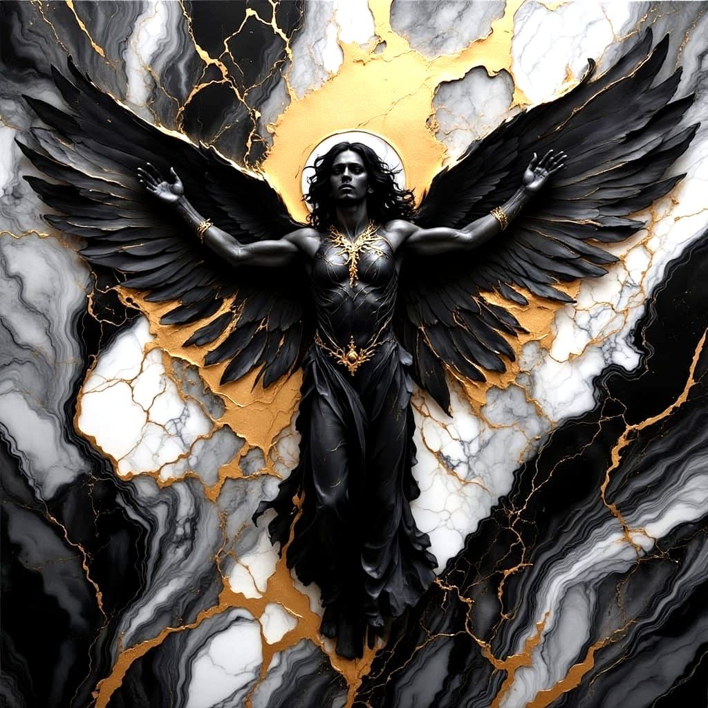 Dark Angel with Marble Wings in Alcohol Ink Style