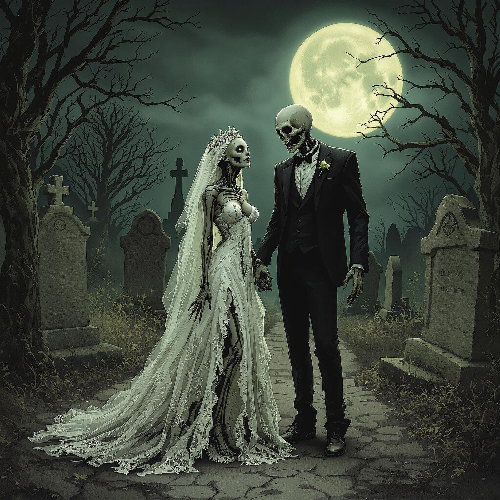 Zombie Bride and Groom in Gothic Churchyard