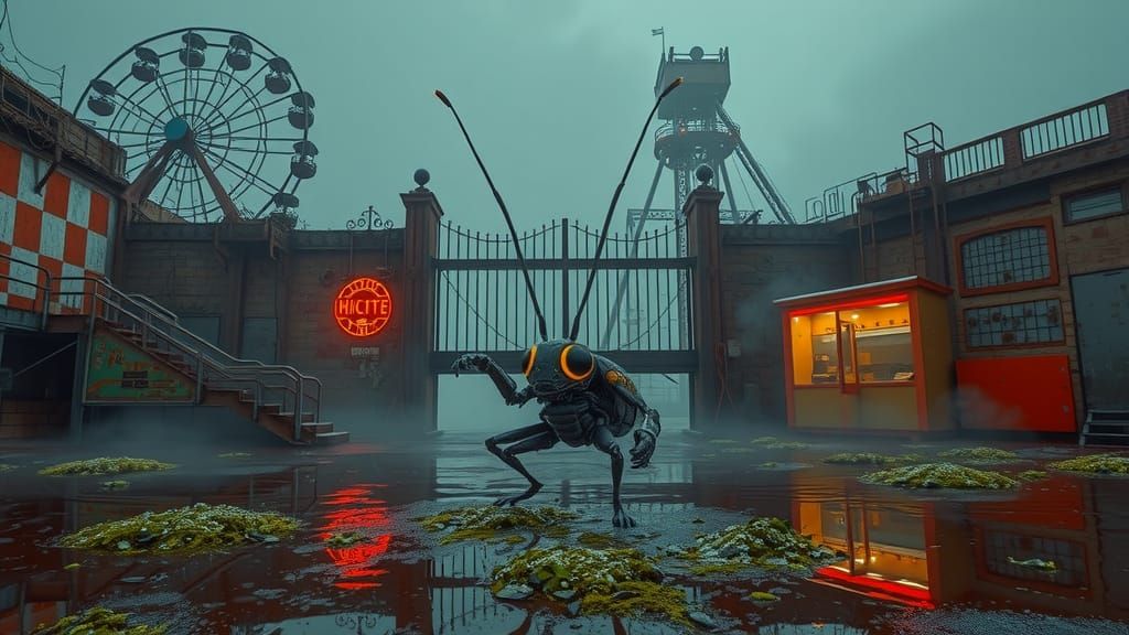 Cyborg Cockroach in Abandoned Neon Amusement Park