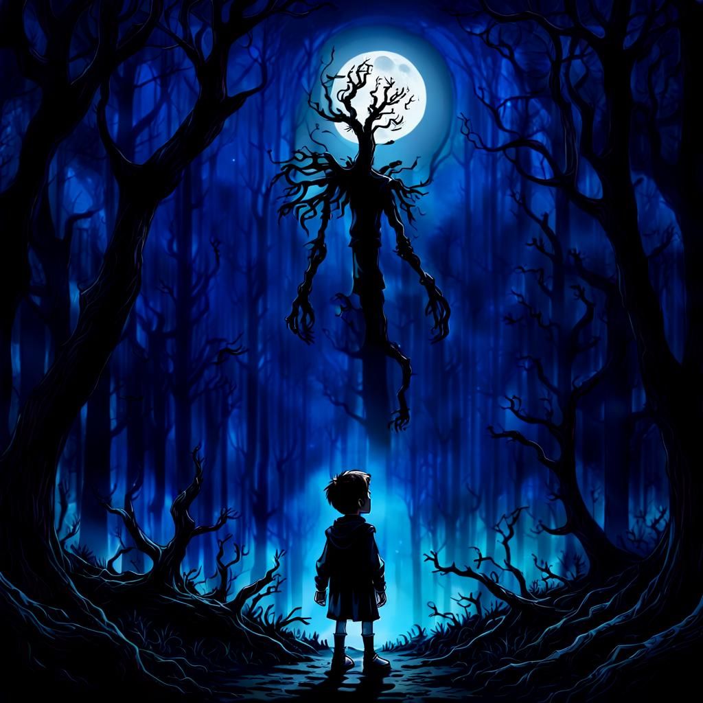 Eerie Child in Dark Forest: Gothic Illustration