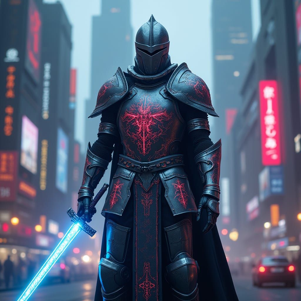 Cyberpunk Knight in Neon-Lit Metropolis