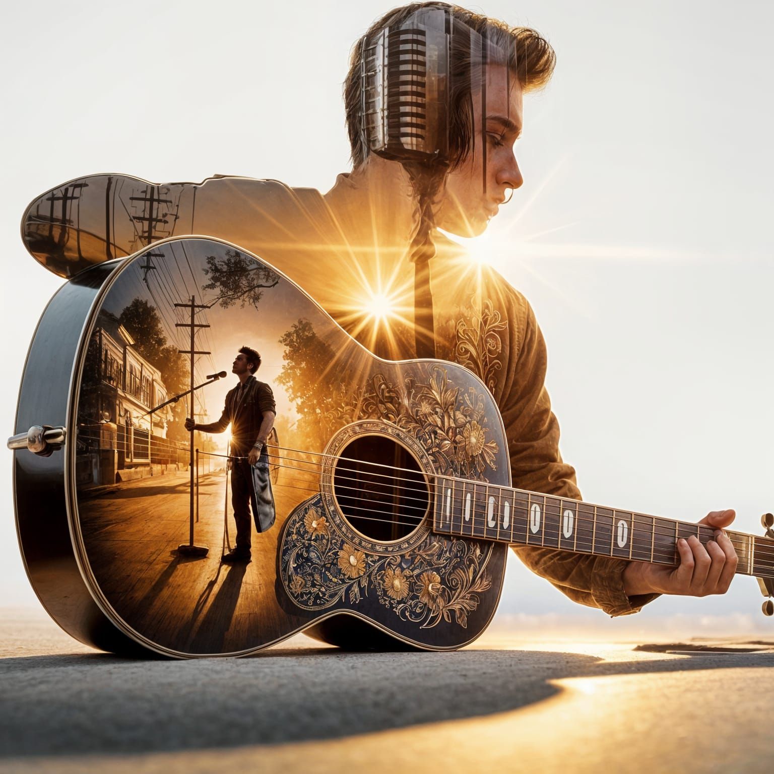 Acoustic Guitar Double Exposure: Seasons in Silhouette