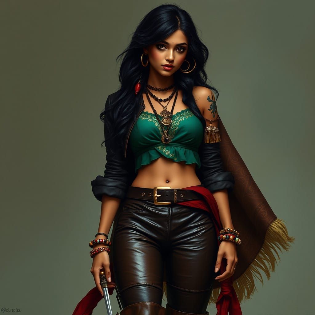 Fearless Indian Pirate Mohini in Distressed Leather and Emer...
