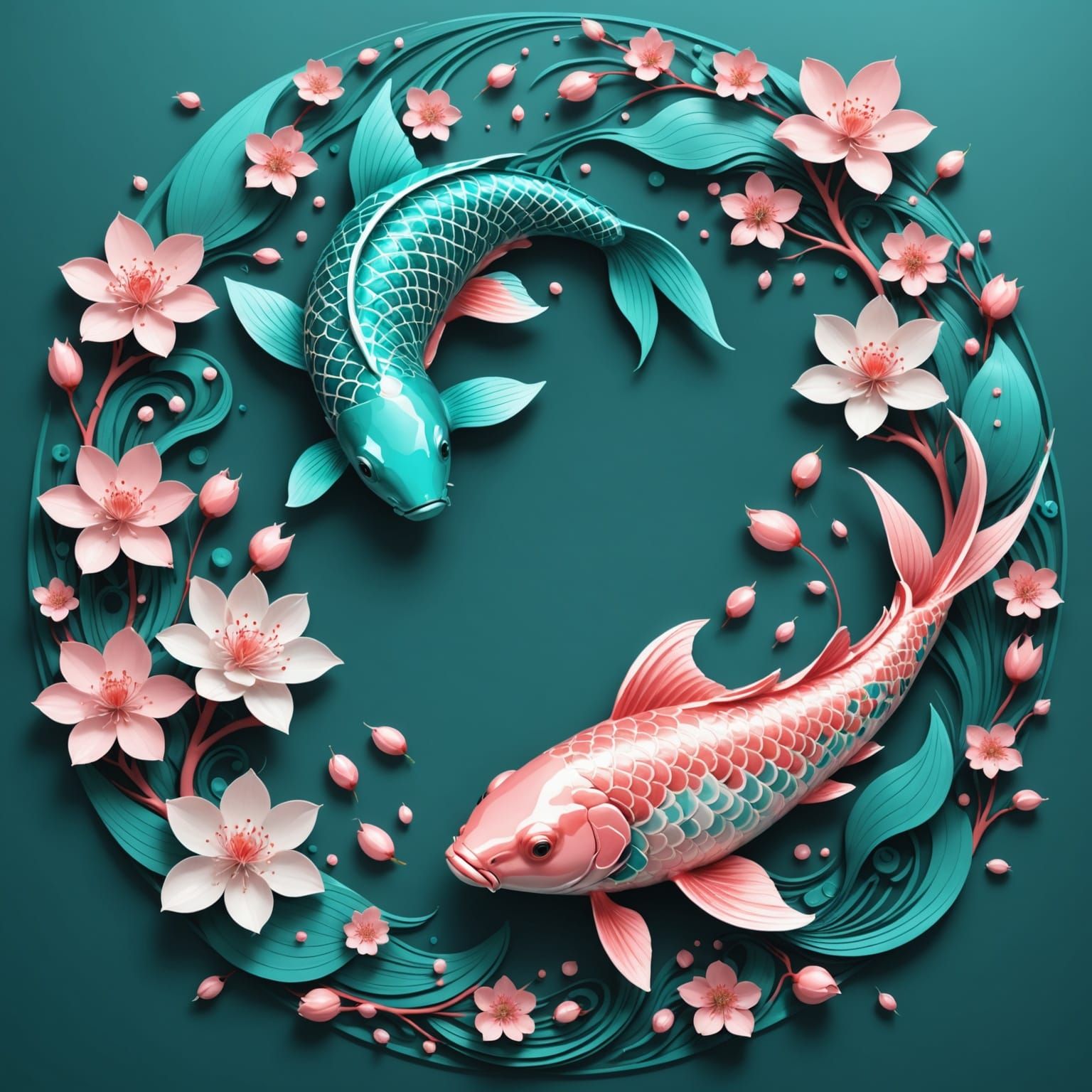 Koi Fish in Harmonious Balance Amidst Cherry Blossoms