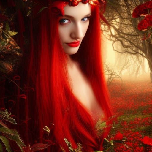 Beautiful Fire Elf in Red Forest with Rose Crown